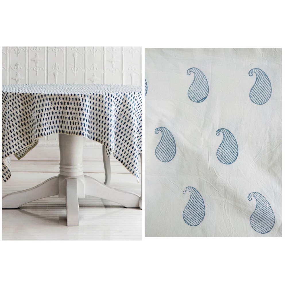 Les Indiennes 58" Square Tablecloth Indigo Blue Organic Cotton Hand Blocked